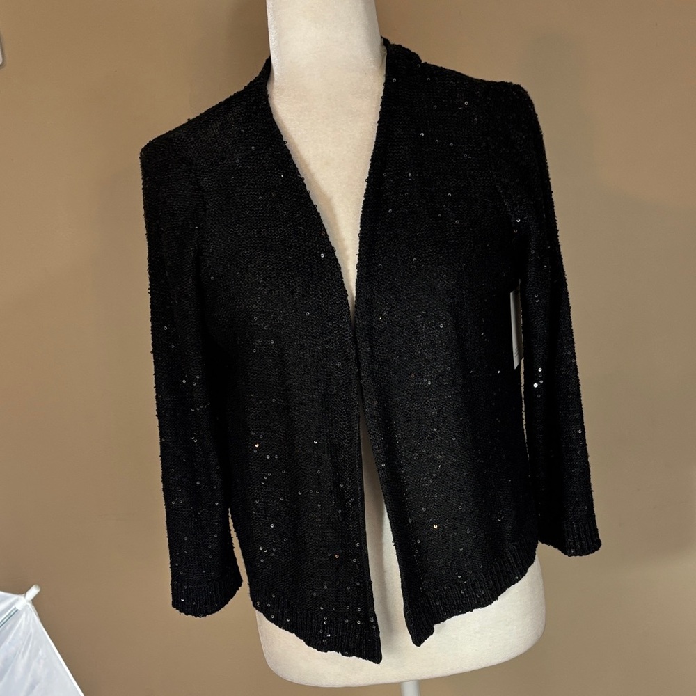 Jones New York Black Sequined Open Front Cardigan Sweater L NWT
